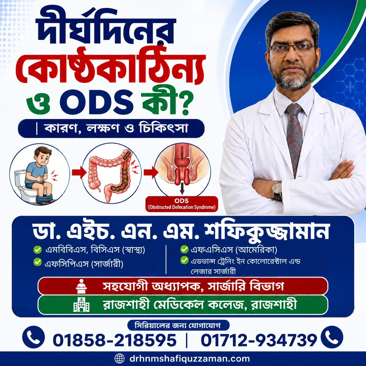 দীর্ঘদিনের কোষ্ঠকাঠিন্য (Chronic Constipation) ও ODS (Obstructed Defecation Syndrome)-এর কারণ, লক্ষণ, রোগ নির্ণয় ও আধুনিক চিকিৎসা সম্পর্কে তথ্য।